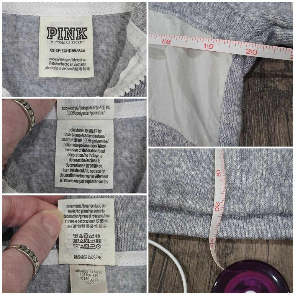 PINK Victoria’s Secret ✦ Heathered Gray Zip Pullover ✦ White Stripe Drawstring - Picture 8 of 10